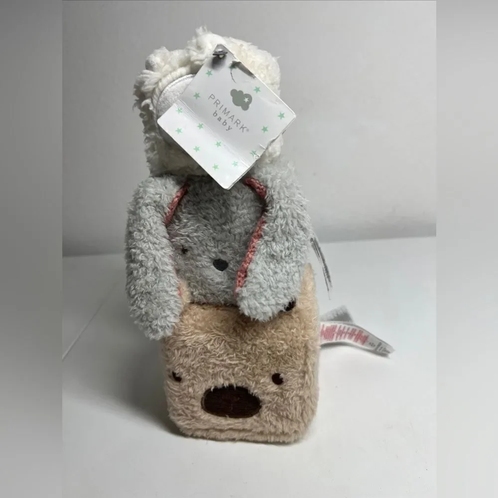 NWT Primark Pyramid Of Plush Animals Cubes White Gray Beige Baby’ First Toys